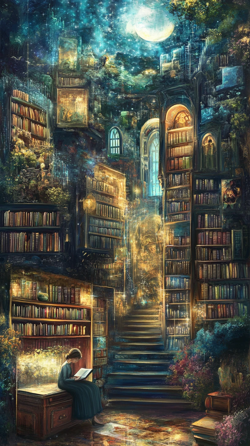 Biblioteca mistica con tranquillo angolo lettura tra pannelli mutevoli