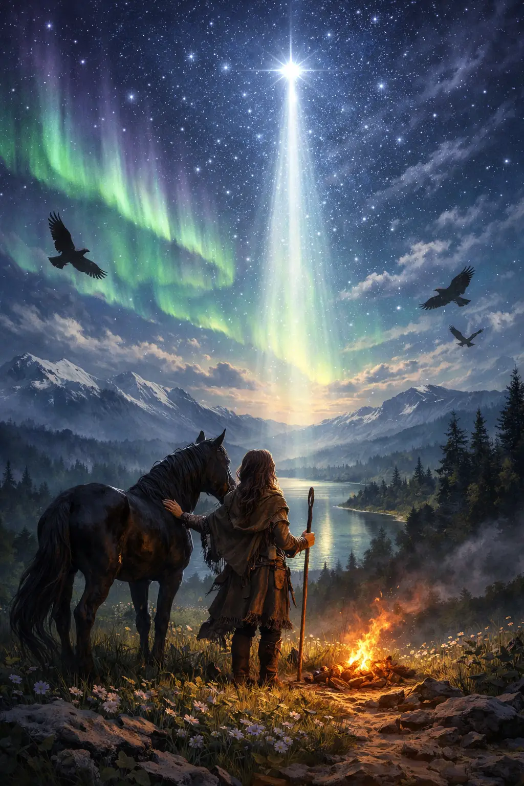 Solitary figure gazing at a guiding light in the sky