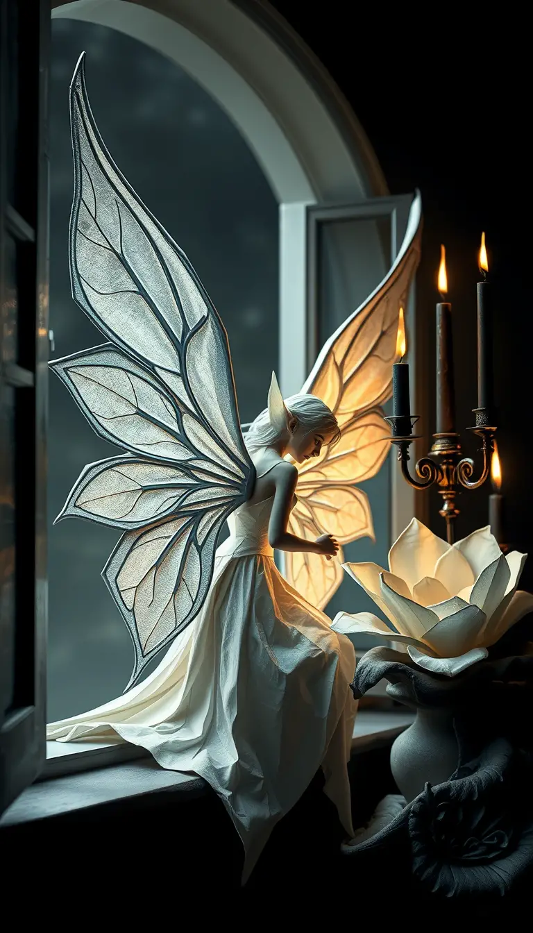 Elfe en origami aux ailes argentées près d’une fleur en pleine floraison