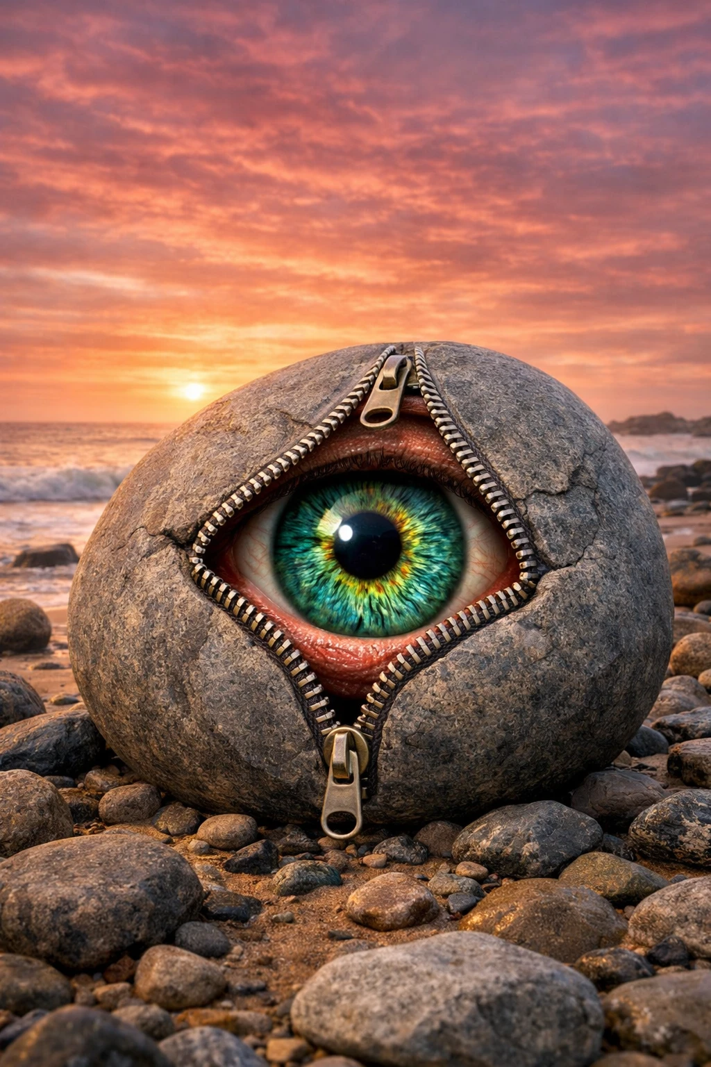 Surreal gray rock unzipped to reveal a single giant eye