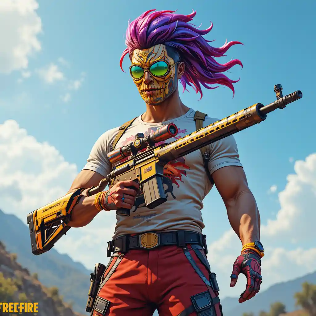 Caçador mascarado e musculoso mira com rifle de precisão dourado ao ar livre