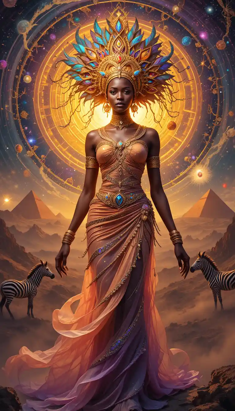 Radiant African woman standing in a swirling cosmic dreamscape