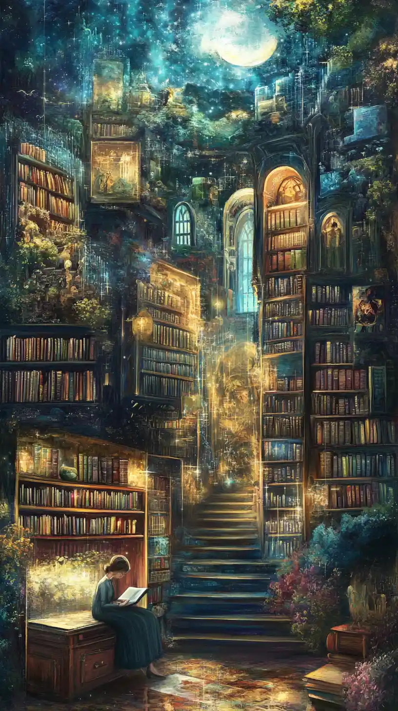 Biblioteca mistica con tranquillo angolo lettura tra pannelli mutevoli