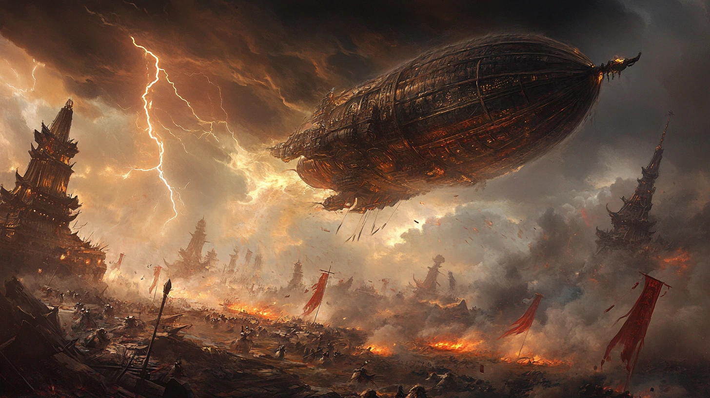 Colossal aeronave oriental enfrentando tempestade sobre antigo campo de batalha