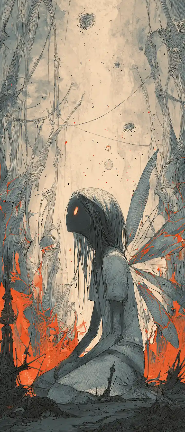 Ethereal woman kneeling amid twisted skeletal trees and ruins