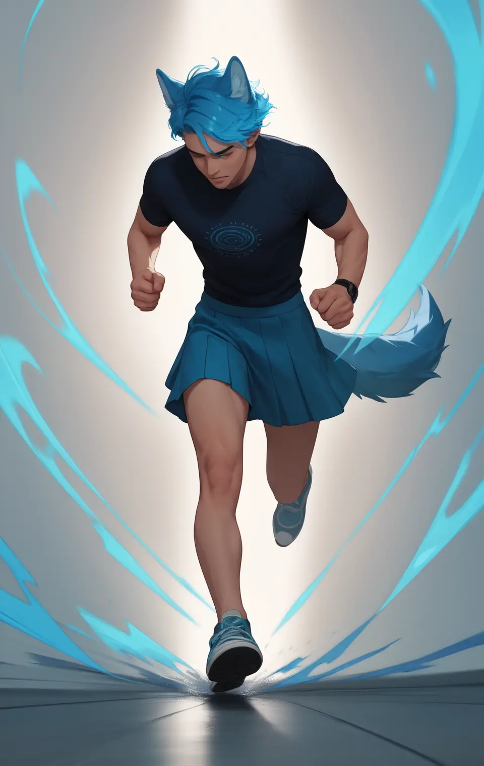 Running wolf headed figure in flowing blue linen skirt