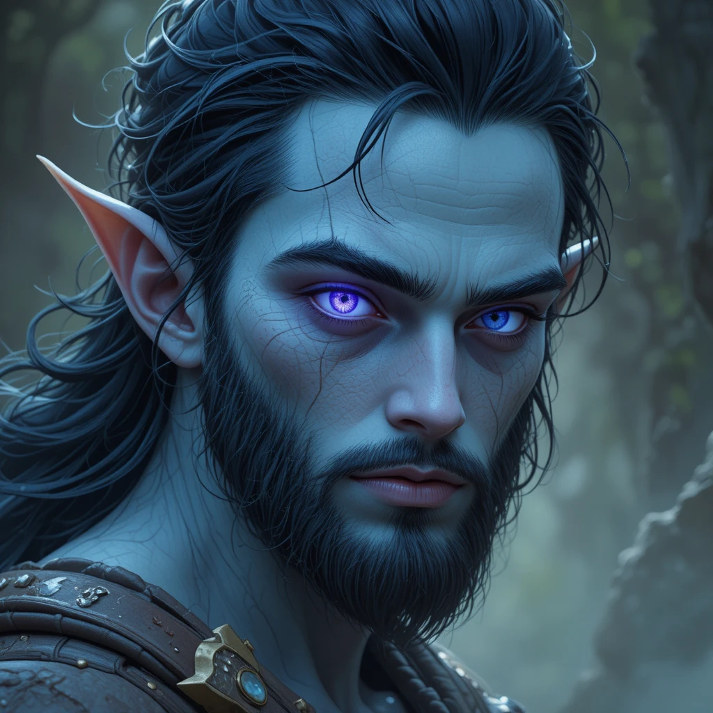 Mago de fantasia com olhos violeta e azul brilhantes