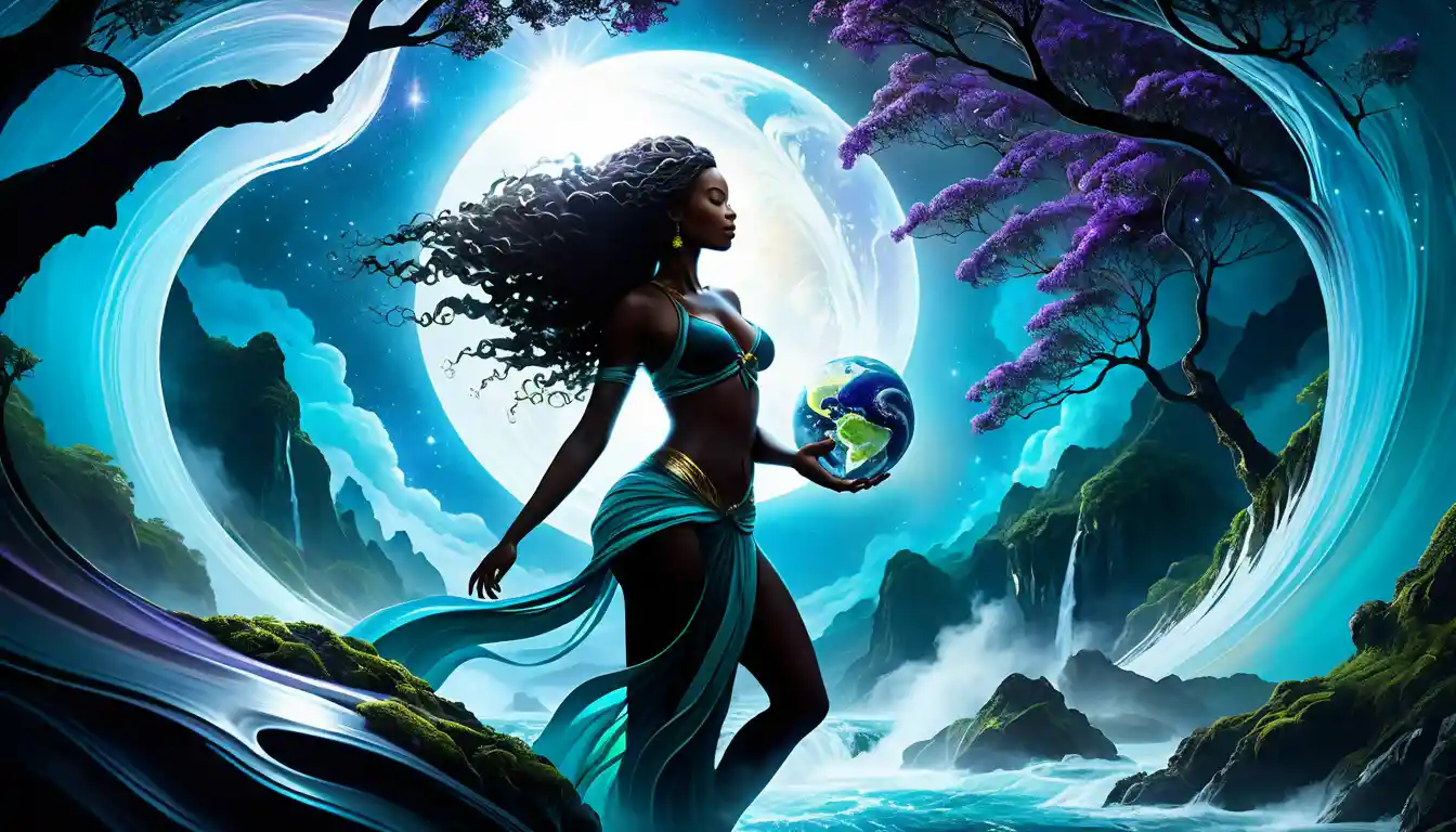 Surreal mother earth figure cradling a glowing planet