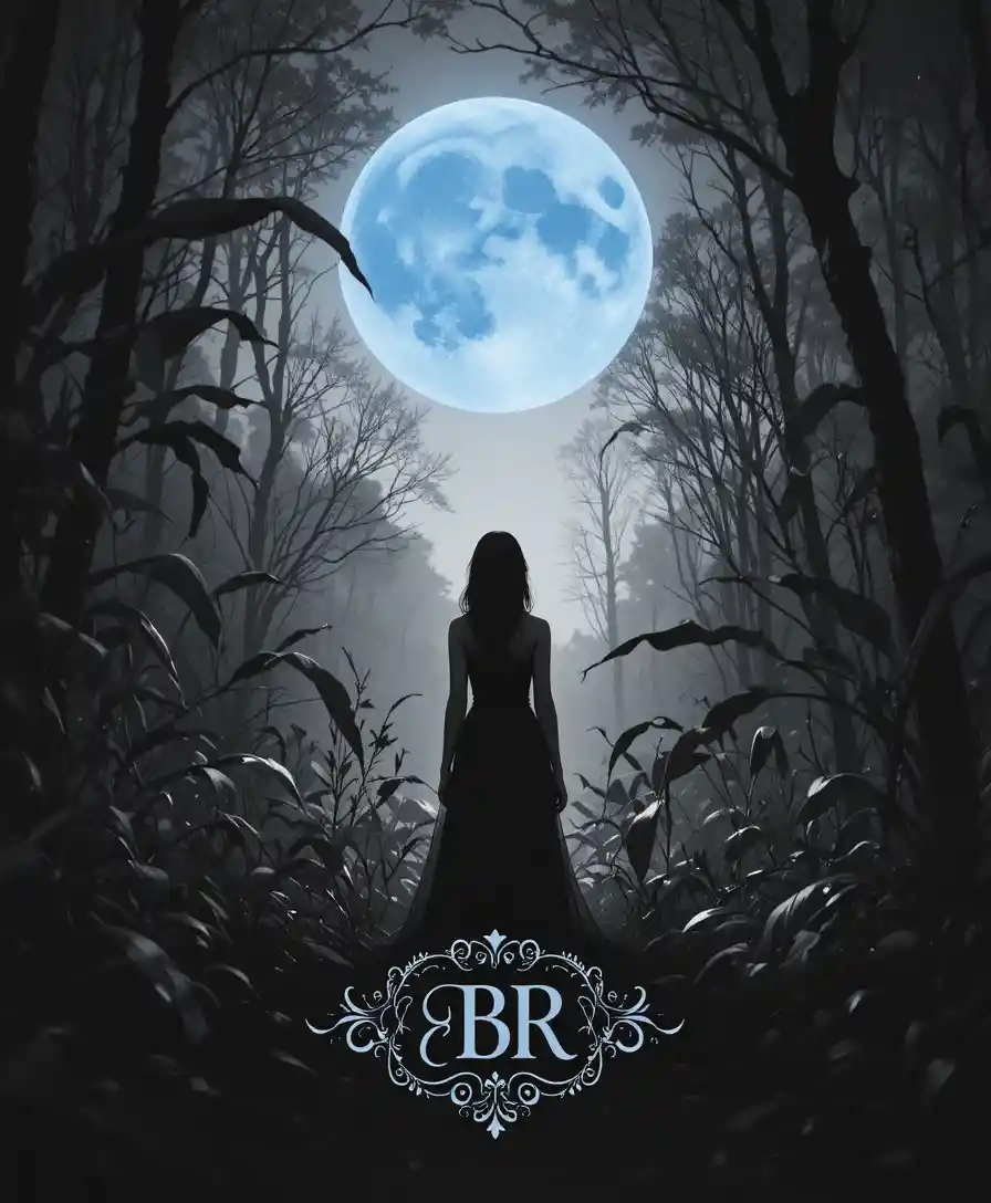 Mujer de pie en un bosque bajo una luna azul de maíz