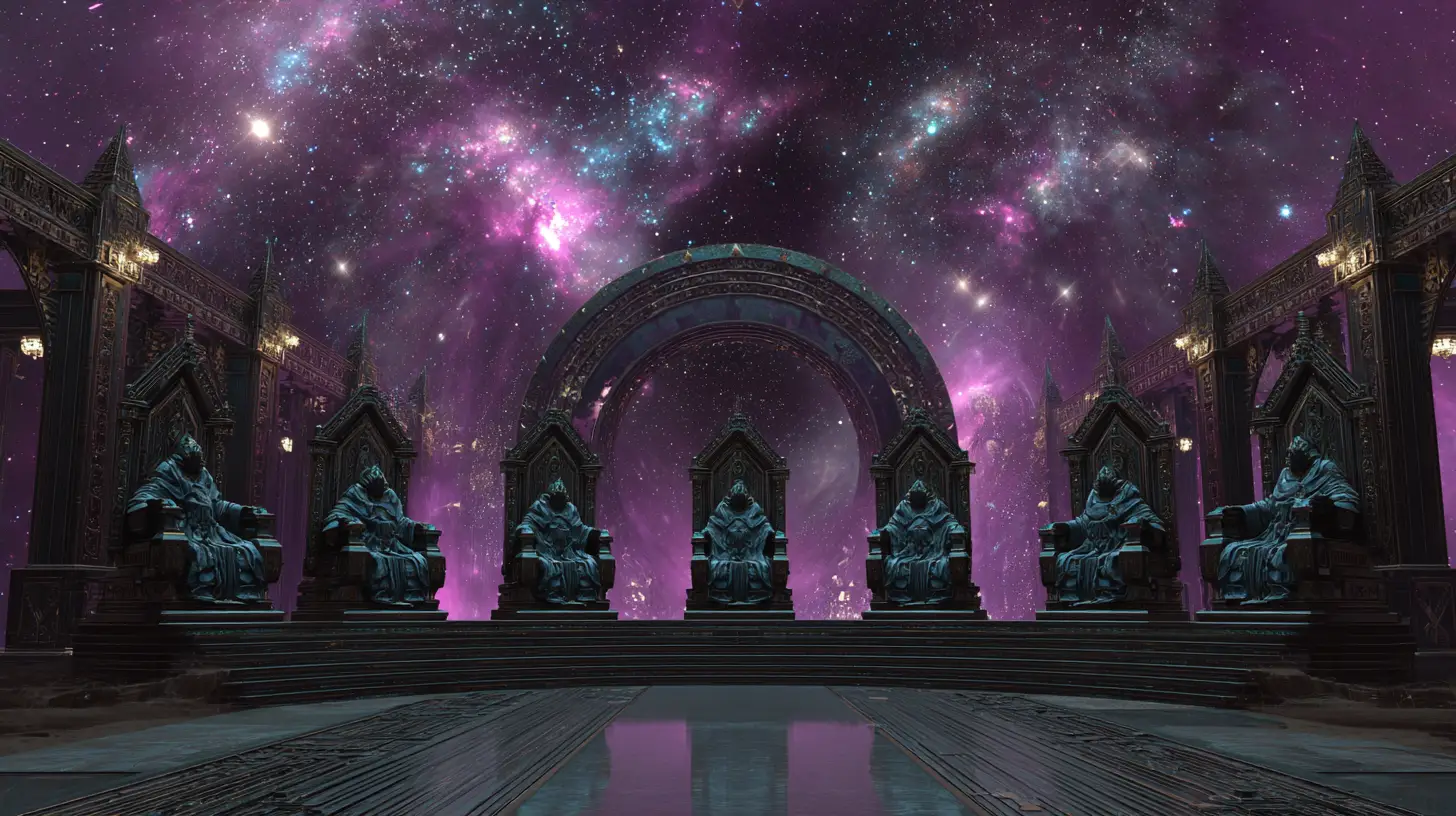 Signori galattici in un tempio celestiale di spazio e tempo