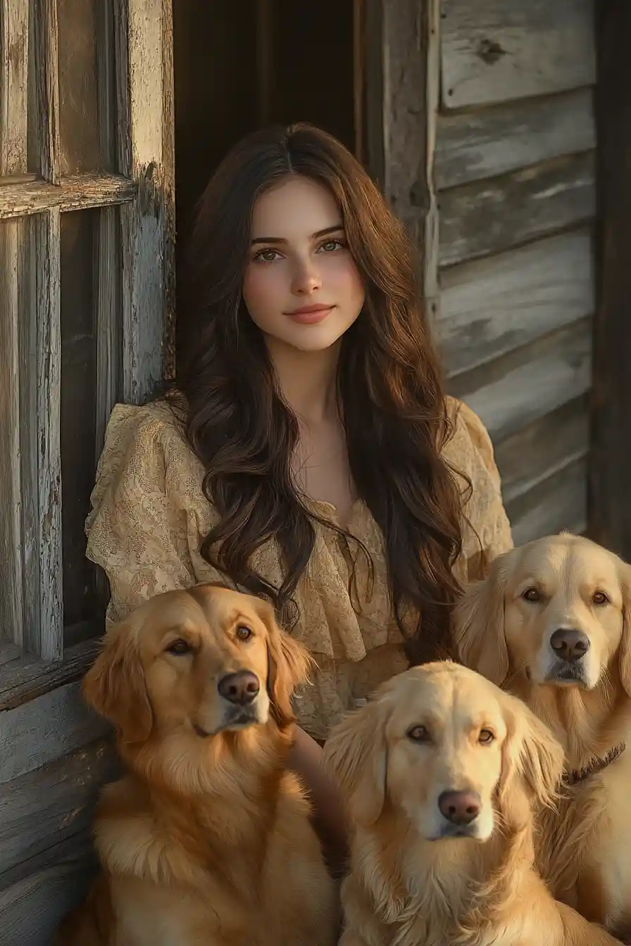 Giovane donna con golden retriever su un portico in legno