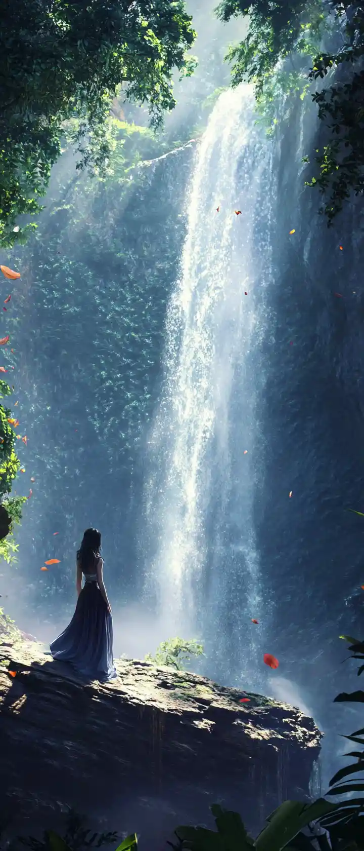 Strega in un'antica grotta con cascata alla luce mistica