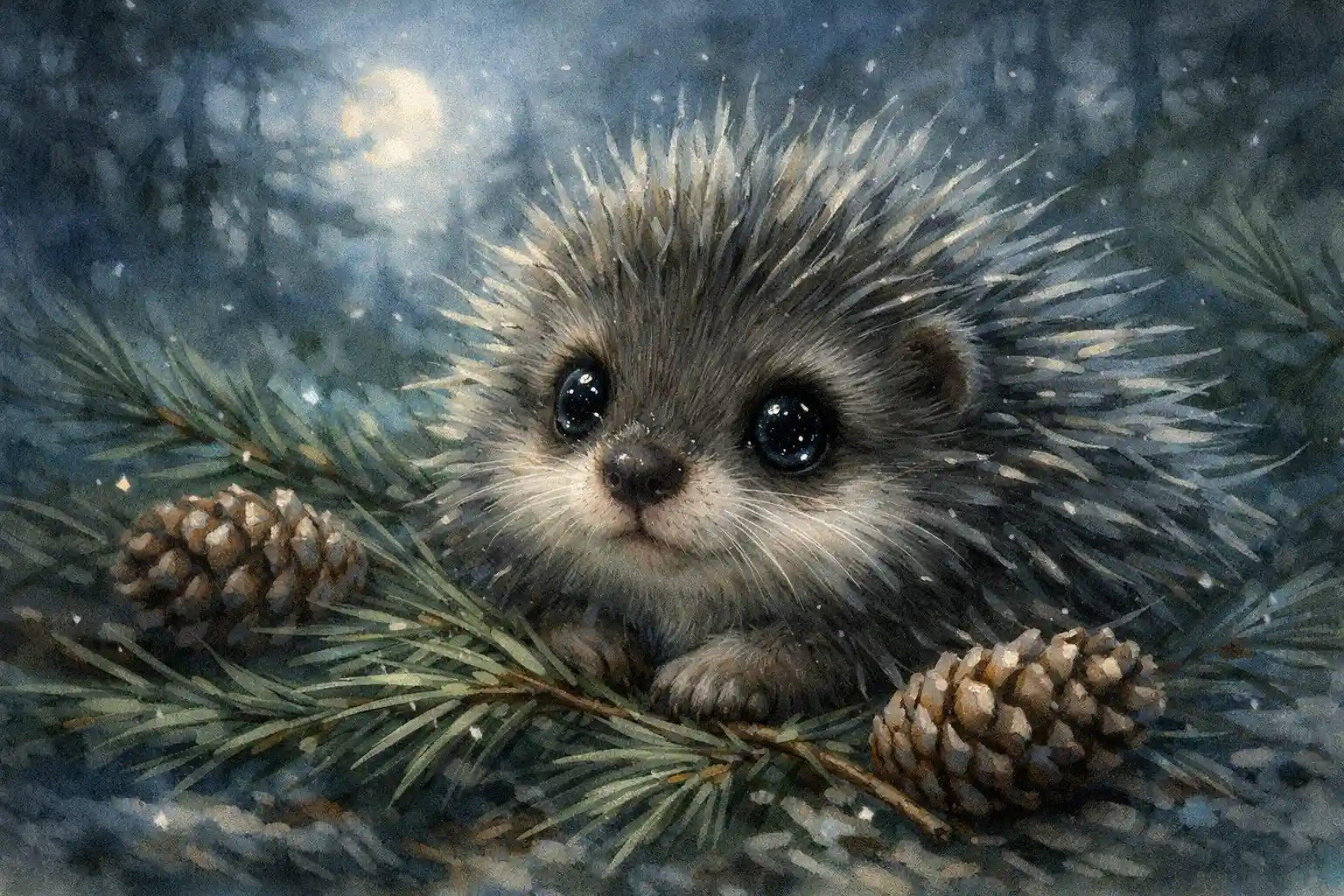 Baby porcupine nestled in pine needles under moonlight