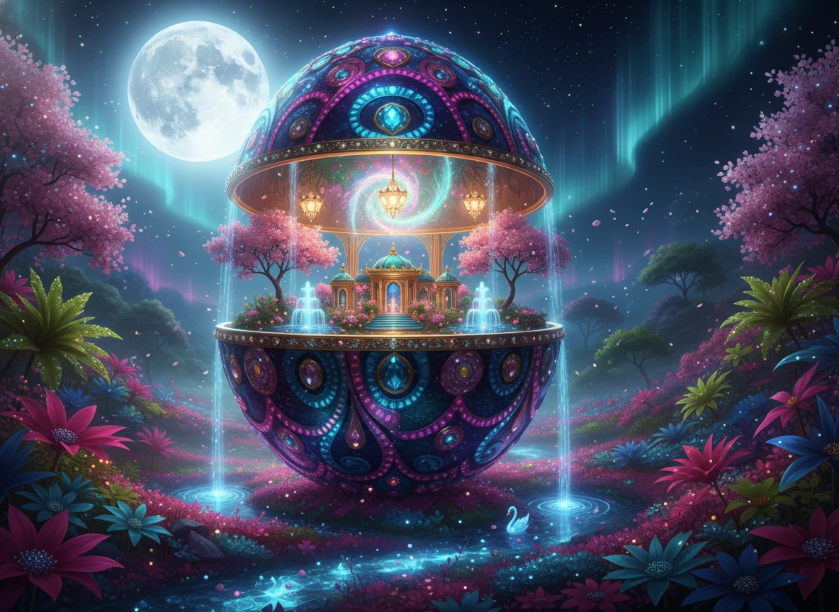 Portail en œuf Fabergé serti de bijoux dans une prairie mystique au clair de lune