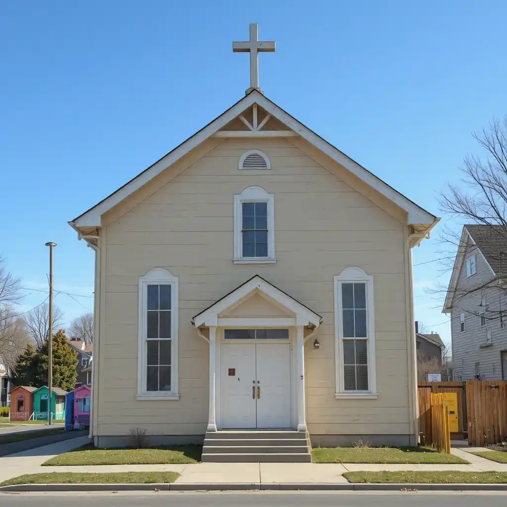 Semplice chiesa beige in una strada suburbana con casette giochi