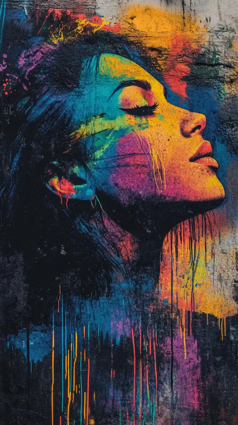 Retrato colorido em arte de rua de um mural de mulher serena