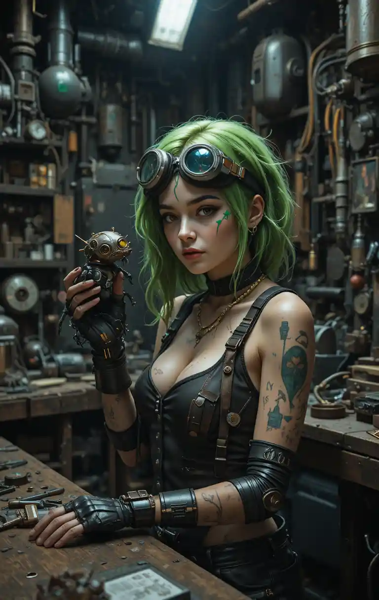 Green haired cyborg woman in a gritty industrial workshop