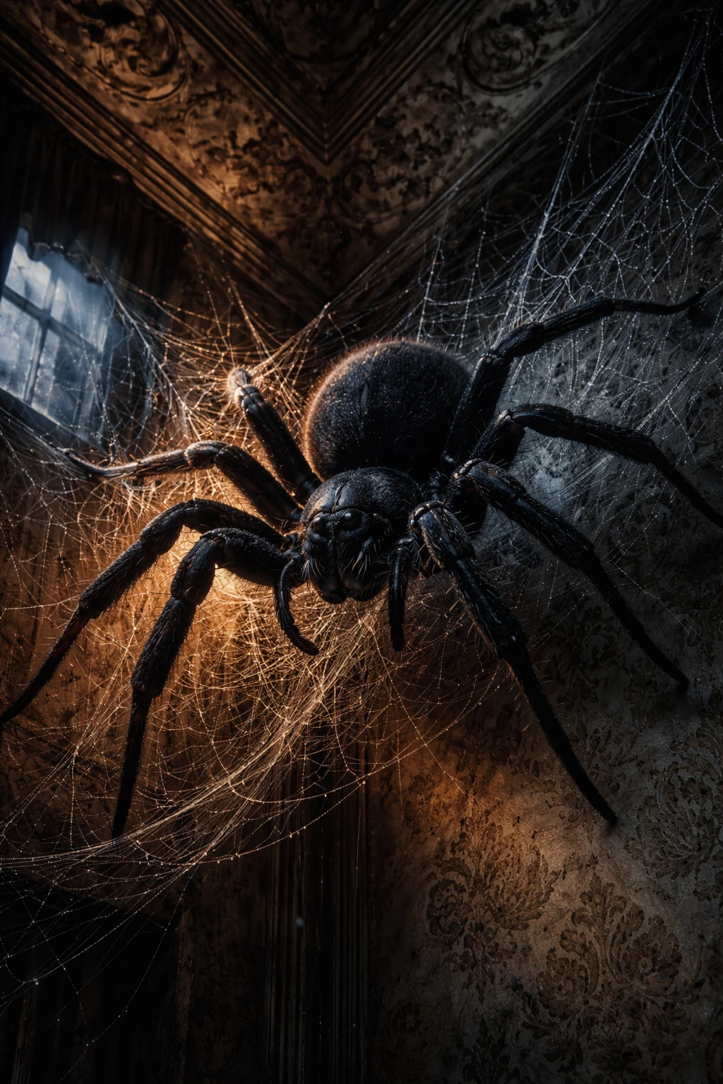 Araña negra en la telaraña en la esquina de una antigua villa victoriana