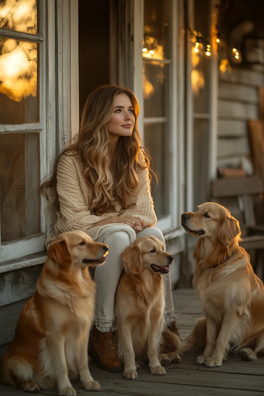 Junge Frau mit Golden Retrievern auf einer Holzveranda