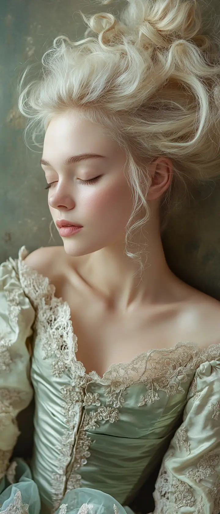 Femme rococo en robe de bal fluide au profil serein