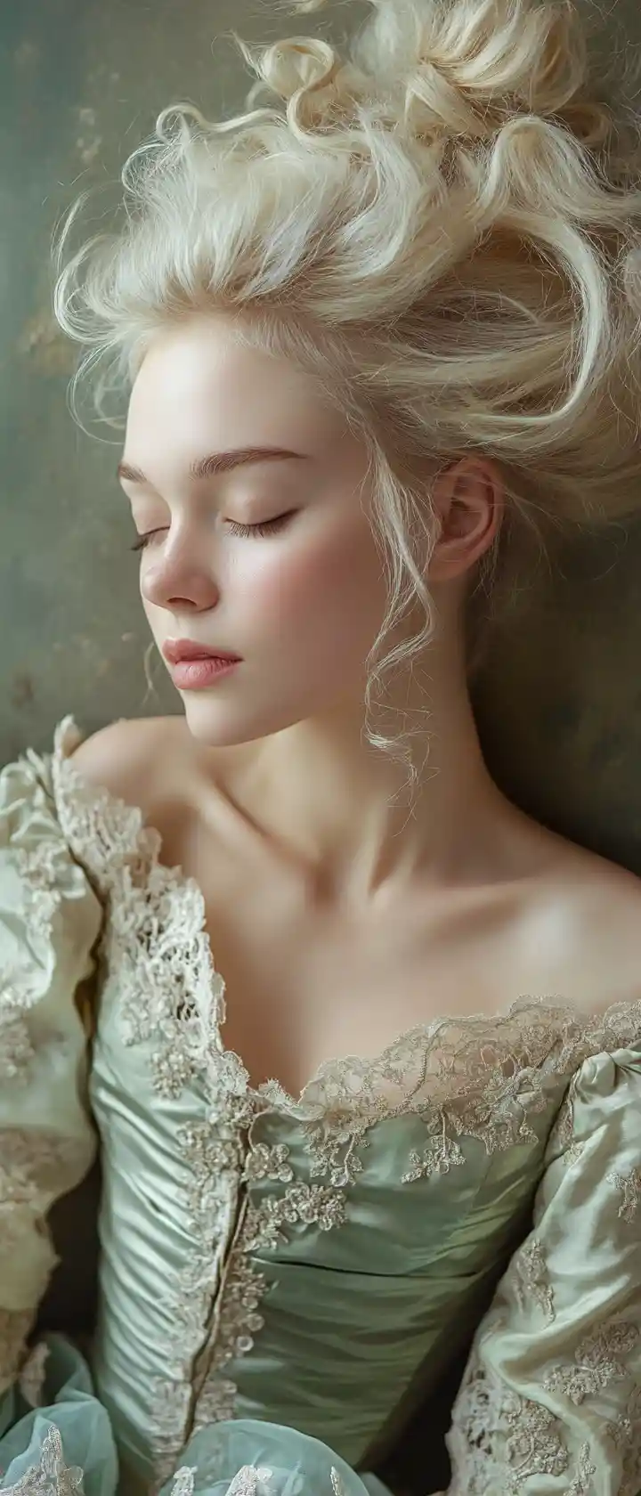 Femme rococo en robe de bal fluide au profil serein
