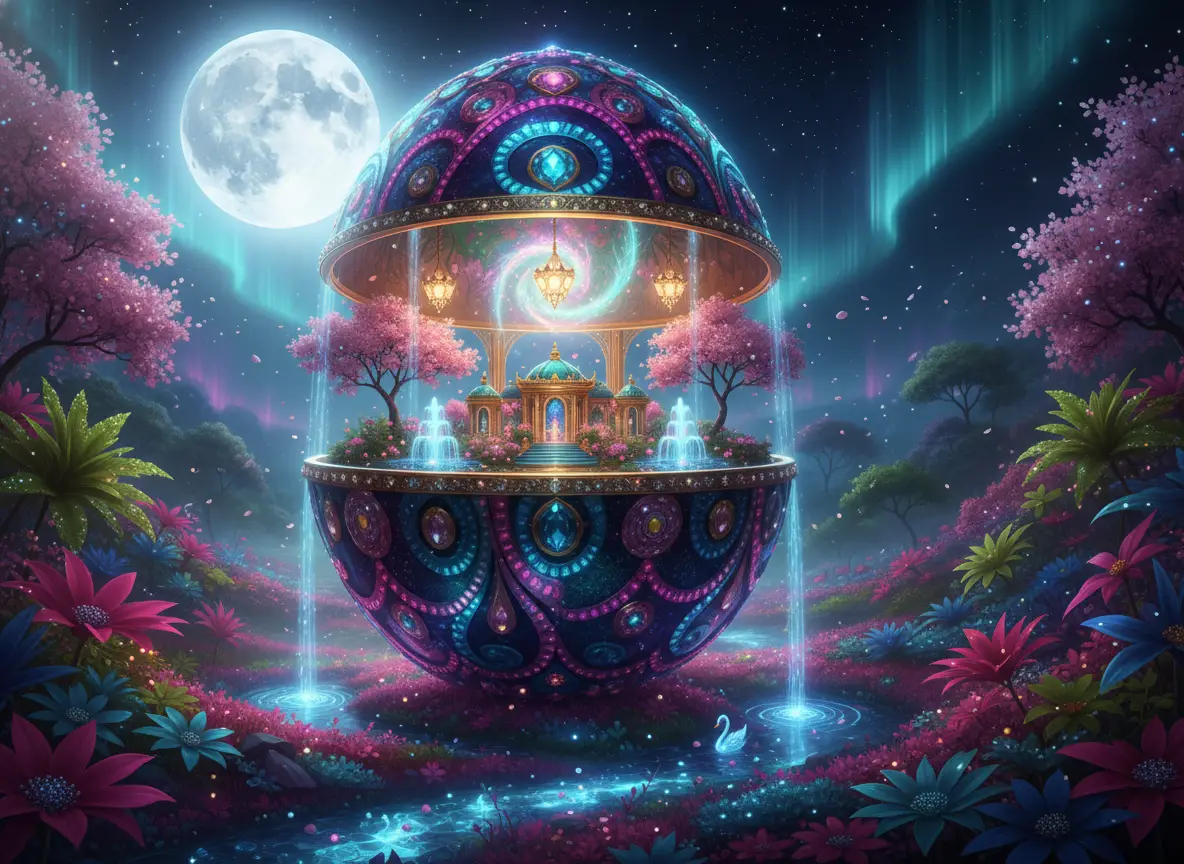 Portail en œuf Fabergé serti de bijoux dans une prairie mystique au clair de lune