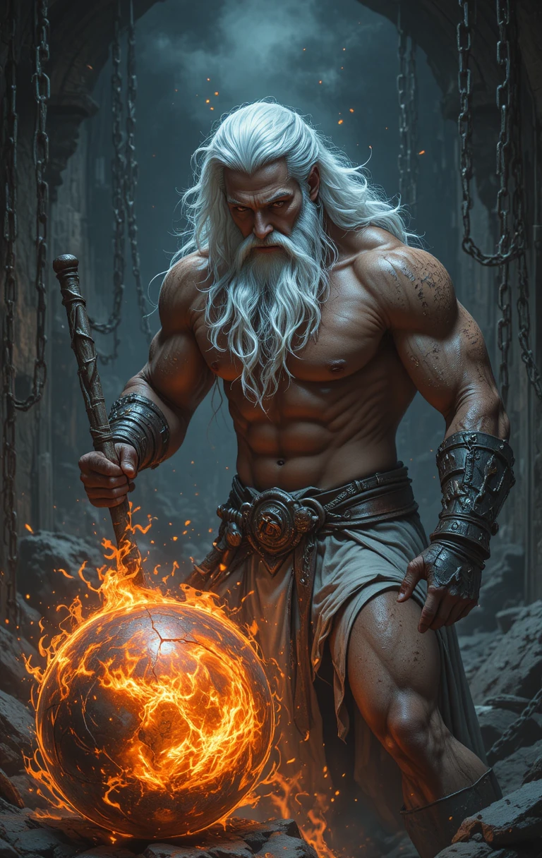 Weißbärtiger Krieger zerschmettert feurige Sphäre mit Hammer