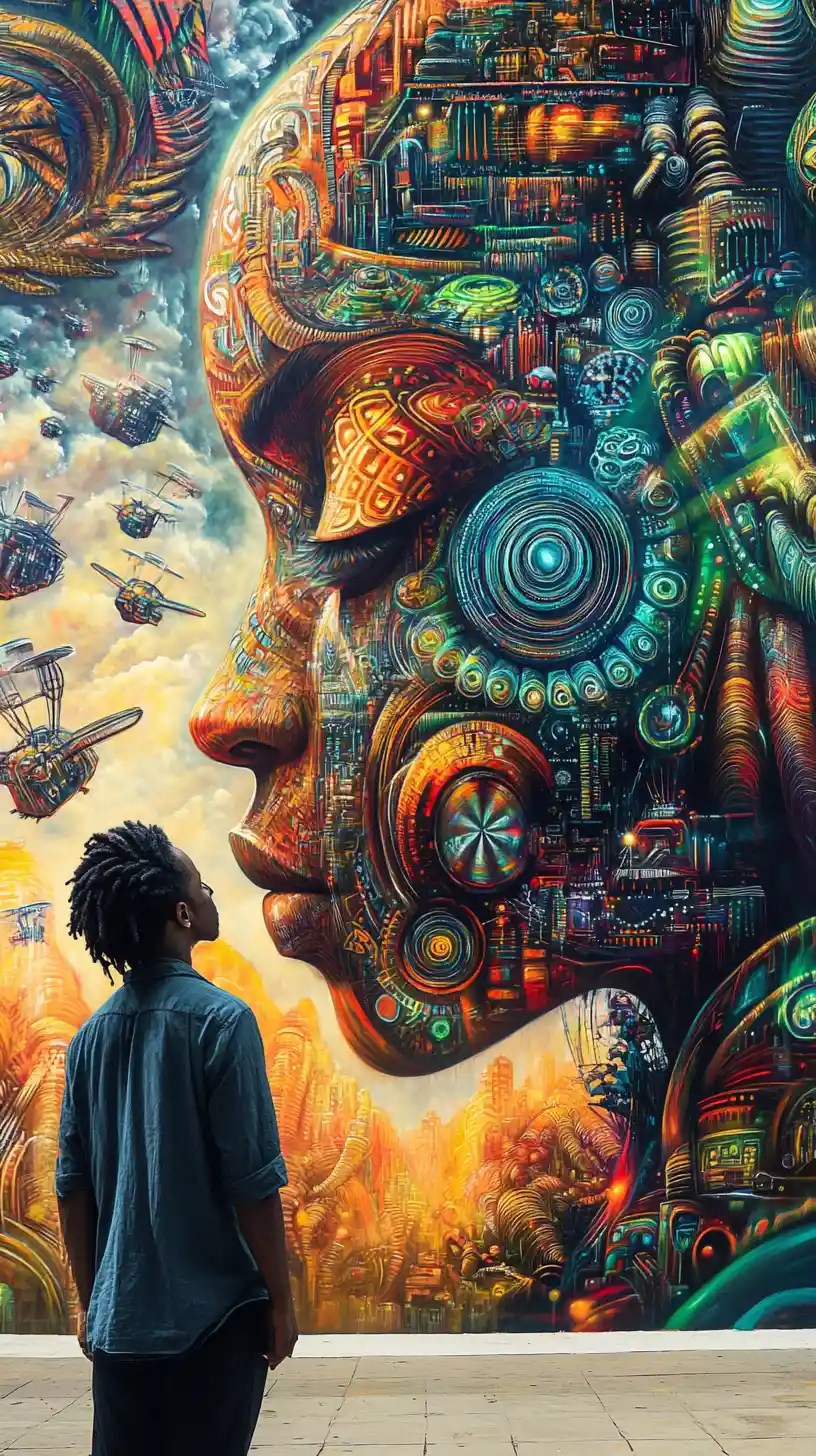 Afrikanischer Künstler beginnt ein lebendiges futuristisches Stadtwandbild