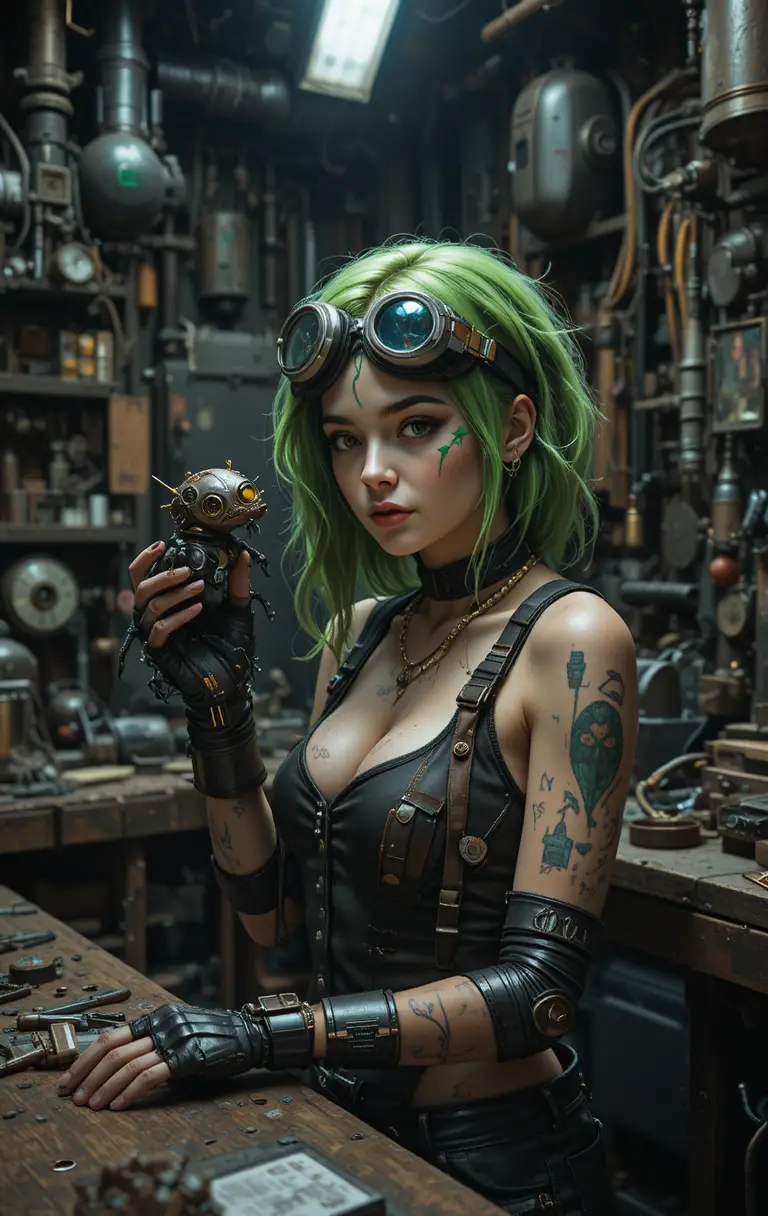 Green haired cyborg woman in a gritty industrial workshop