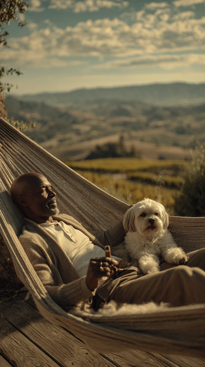 Man relaxing in hammock with white dog in sunny vineyard