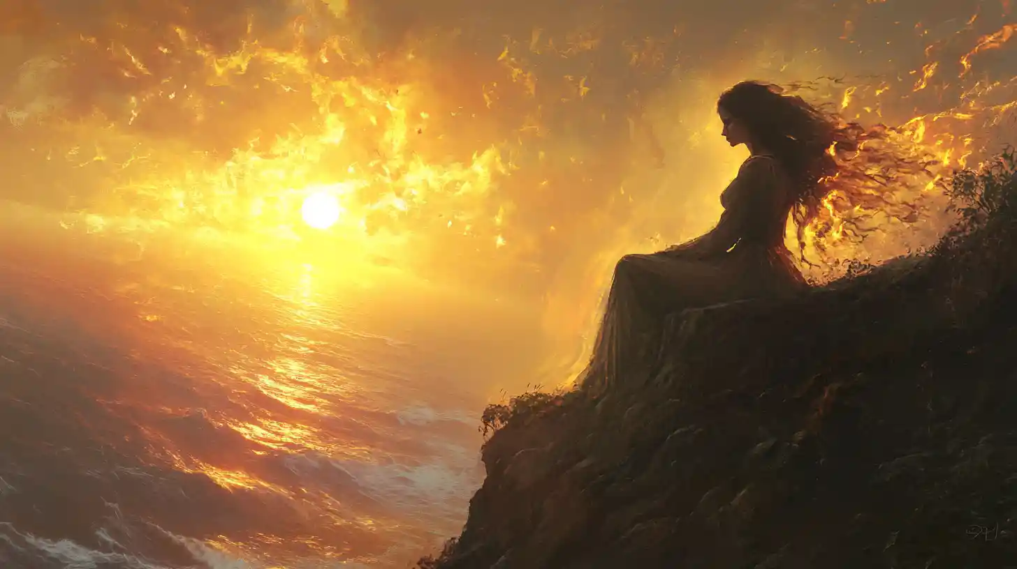 Woman sitting on a cliff watching the ocean sunrise