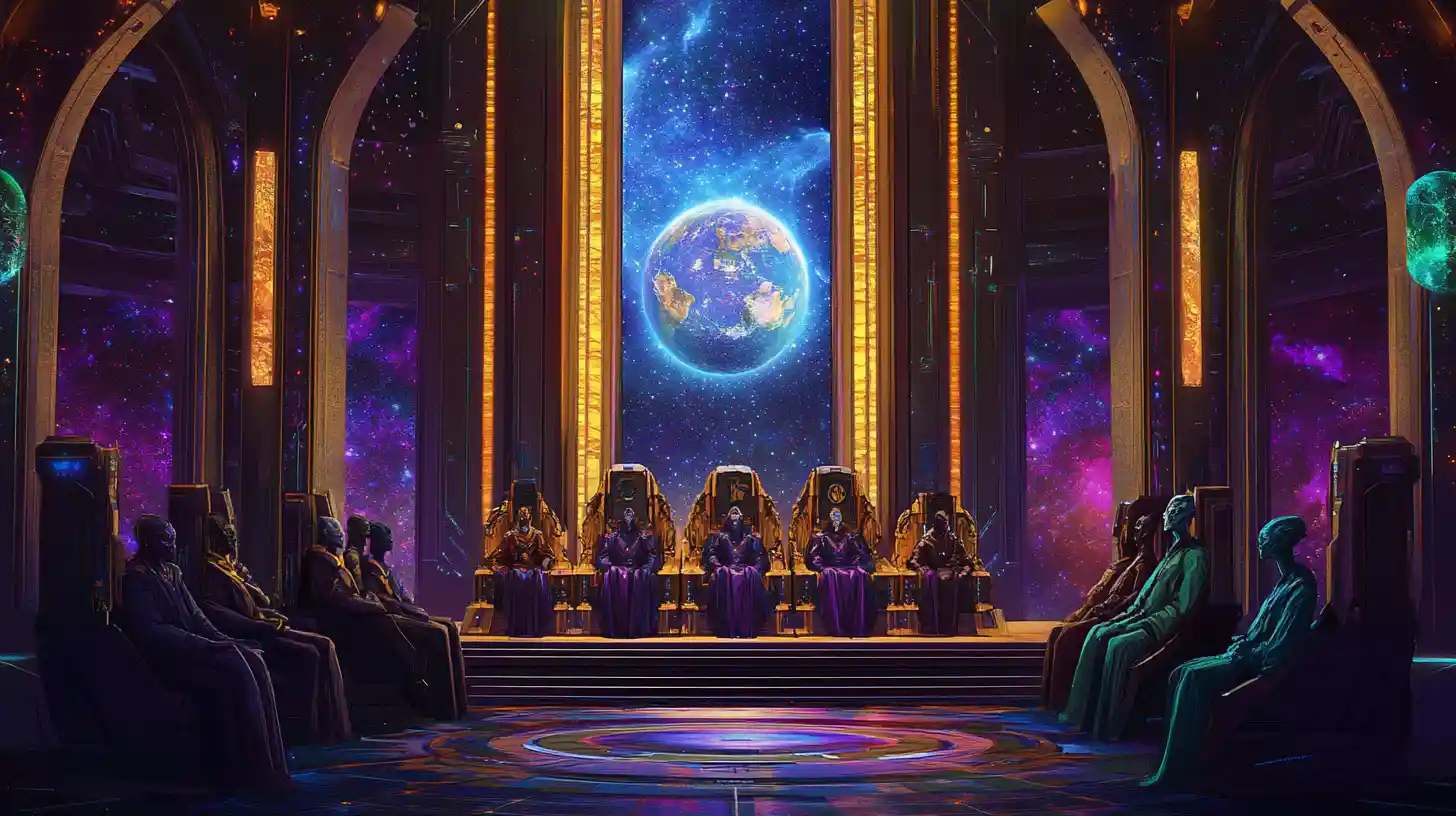 Signori alieni si riuniscono in un tempio cosmico di spazio e tempo