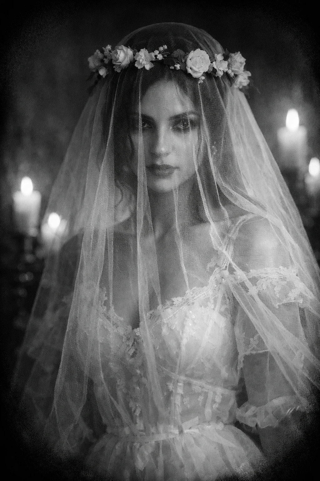 Mysterious bride in a sheer white veil in candlelit shadows