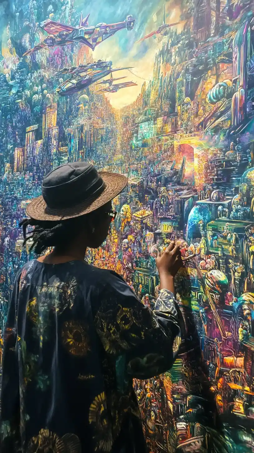 巨大な未来的壁画の前に立つエボニーのアーティスト