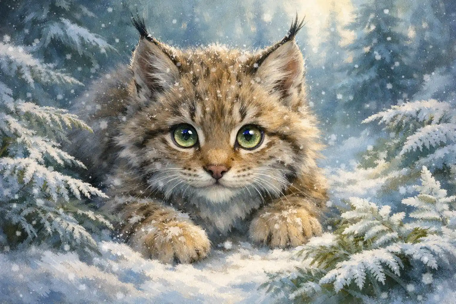 Verspieltes Luchs-Baby in verschneiter Waldlichtung mit Farnen