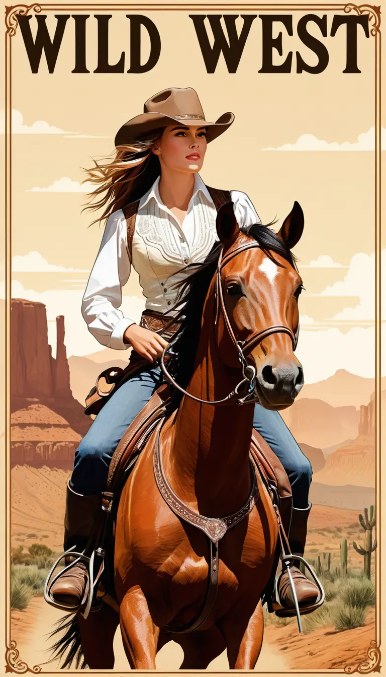 Young couple on horseback in a bold wild west portrait