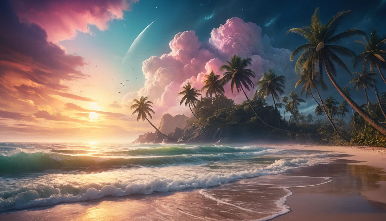 Plage Cinématographique au Crépuscule avec Palmiers et Vagues Douces