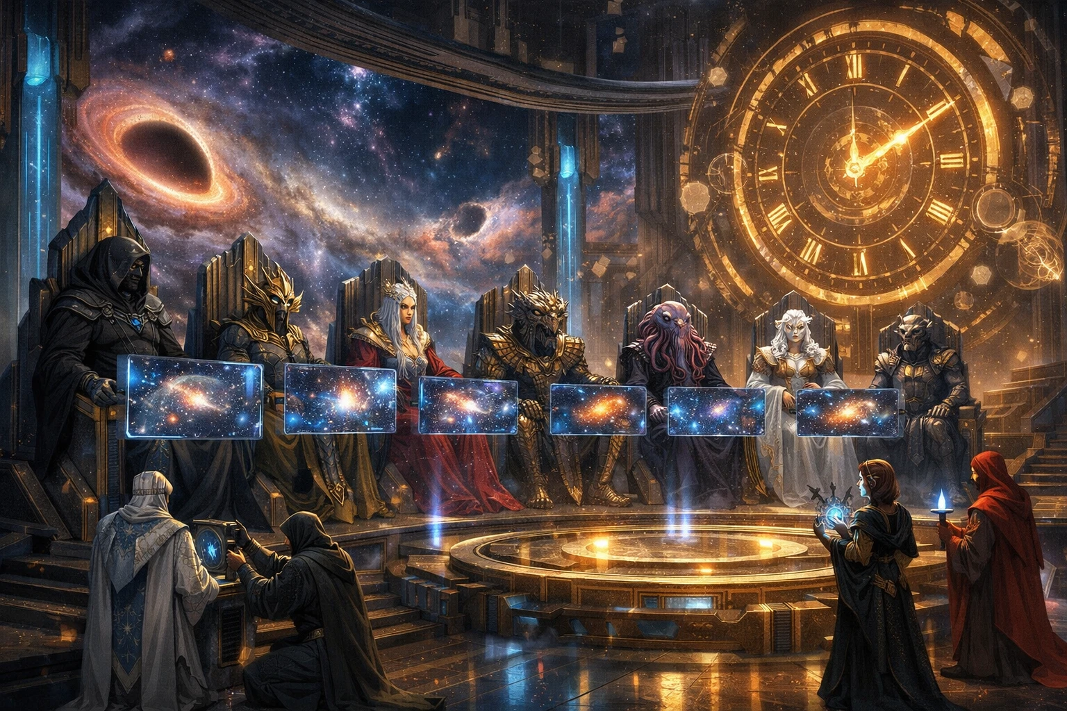Templo celestial de señores galácticos en el espacio profundo