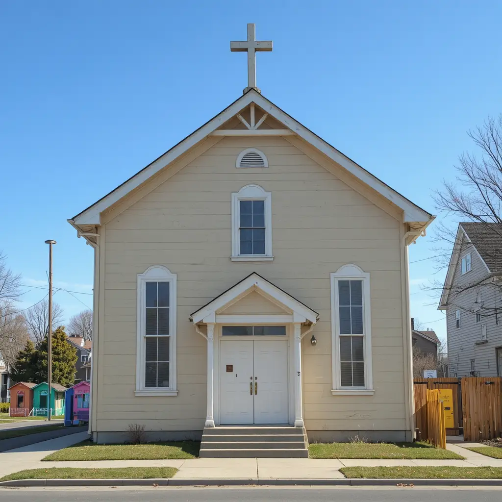 Simple beige church on a suburban street with playhouses