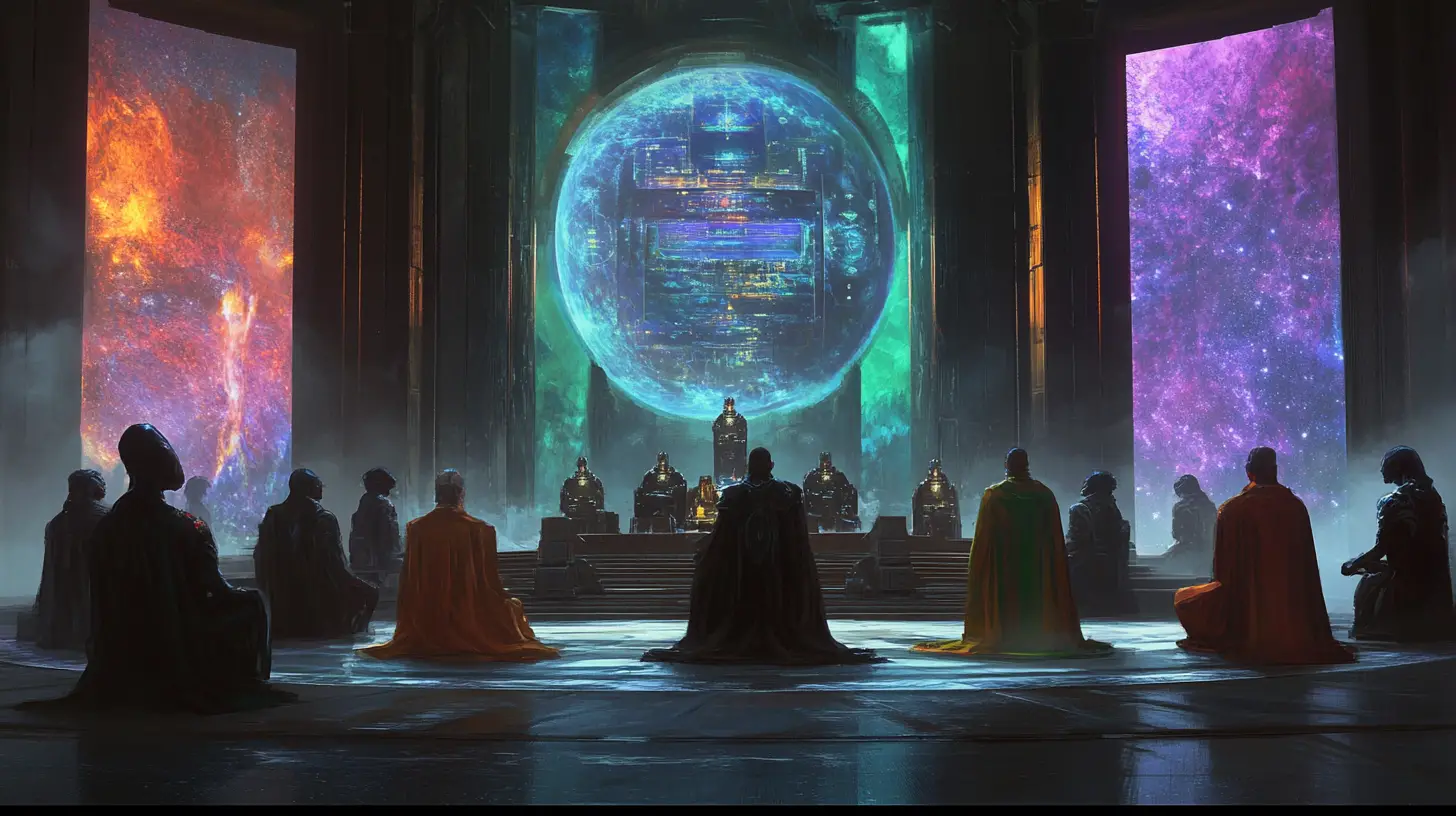 Signori galattici in un tempio celestiale di spazio e tempo
