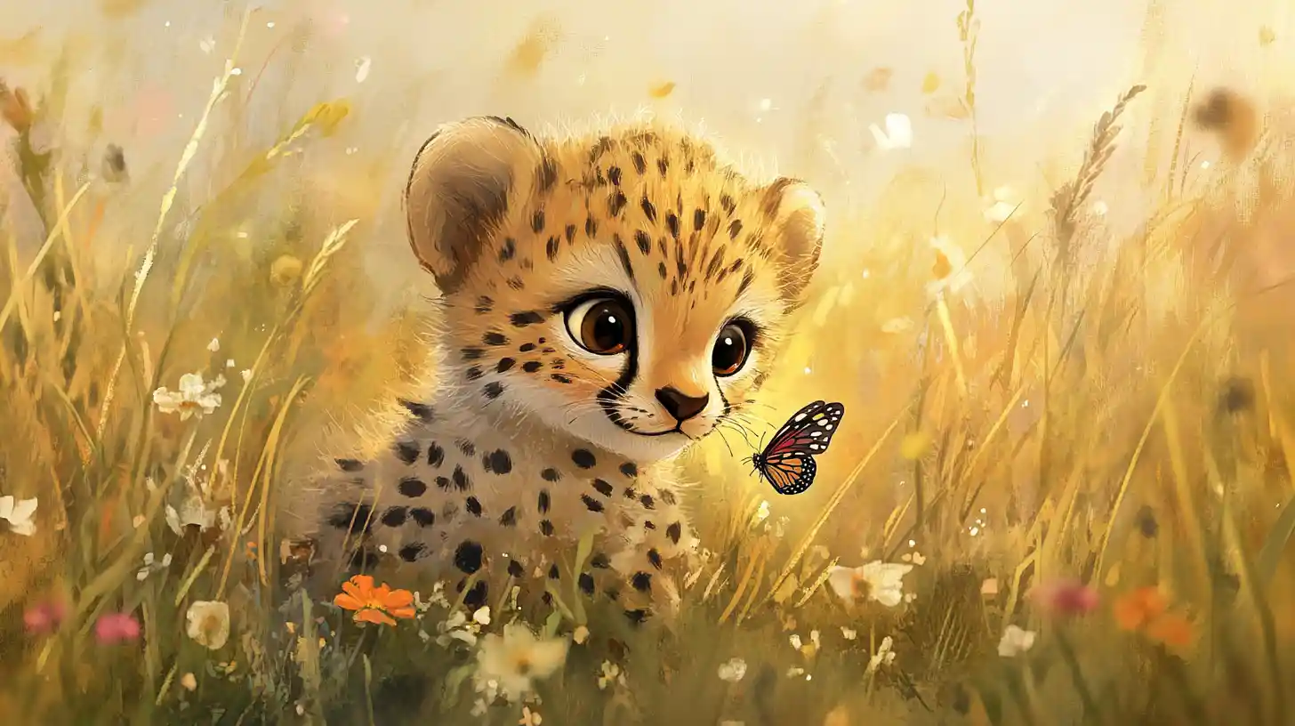 Baby cheetah stalking a butterfly in tall savanna grass