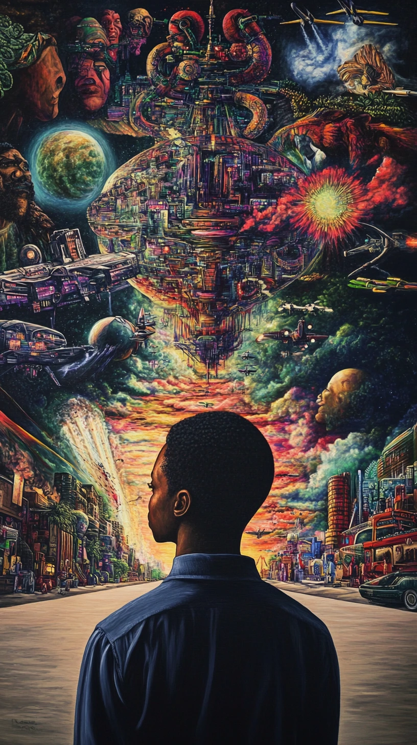 Schwarzer Künstler beginnt ein lebendiges afrofuturistisches Stadtwandbild