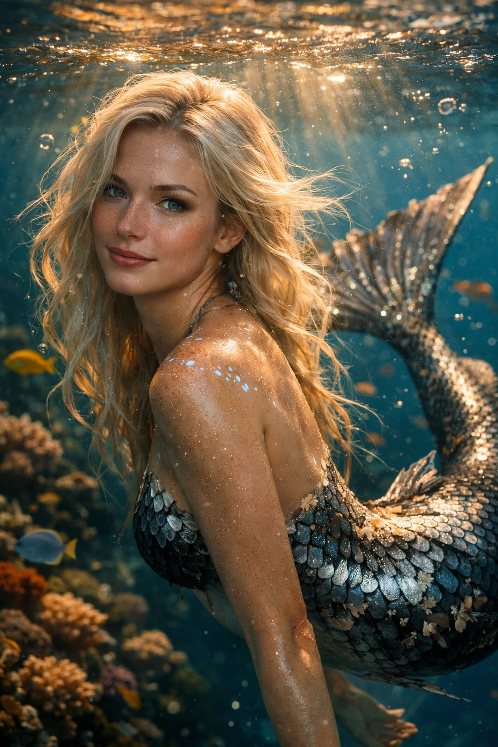 Portrait serein de sirène dans les eaux lumineuses d’un récif tropical