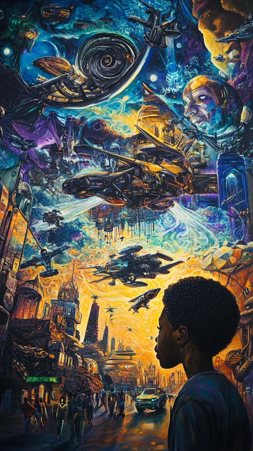 Afrikanischer Künstler beginnt lebendiges futuristisches Stadtwandbild