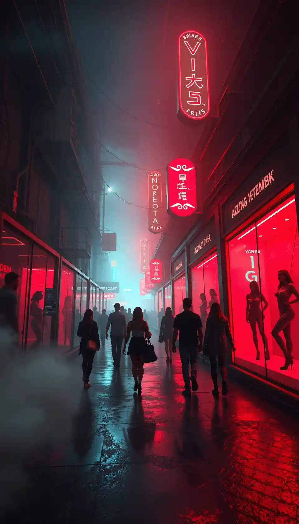 Distretto sotterraneo distopico con camere di vetro illuminate al neon