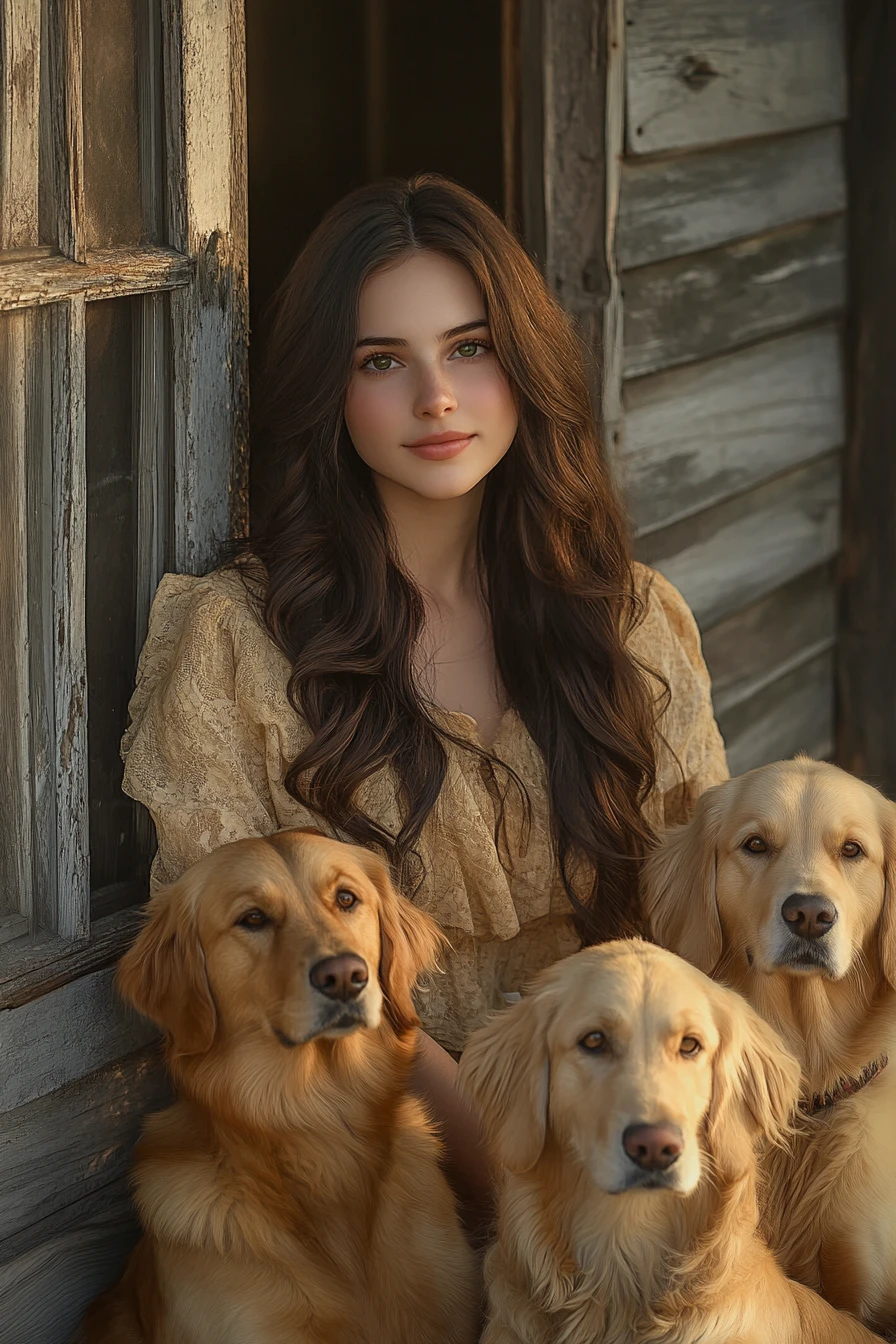Giovane donna con golden retriever su un portico in legno