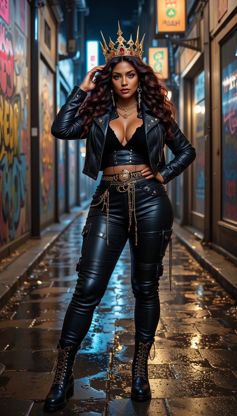 Regal street queen in leather and spikes in neon alley