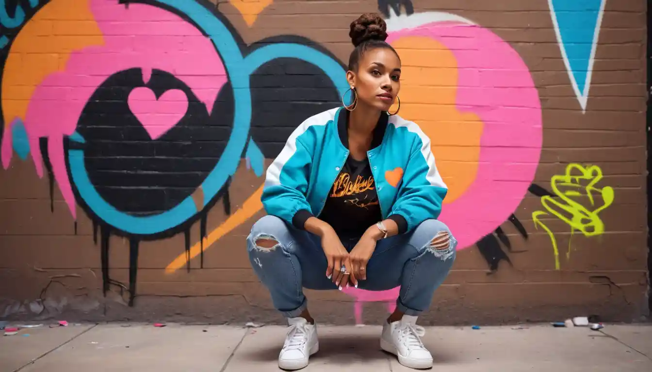 Femme stylée accroupie devant un mur de graffiti cœur au néon