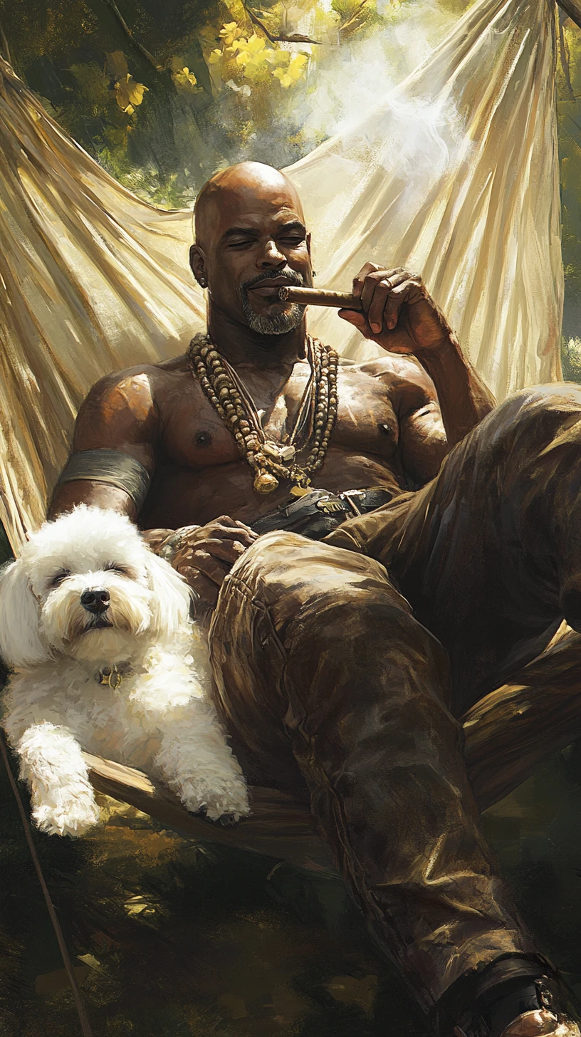 Man relaxing in hammock with dog over sunny vineyard