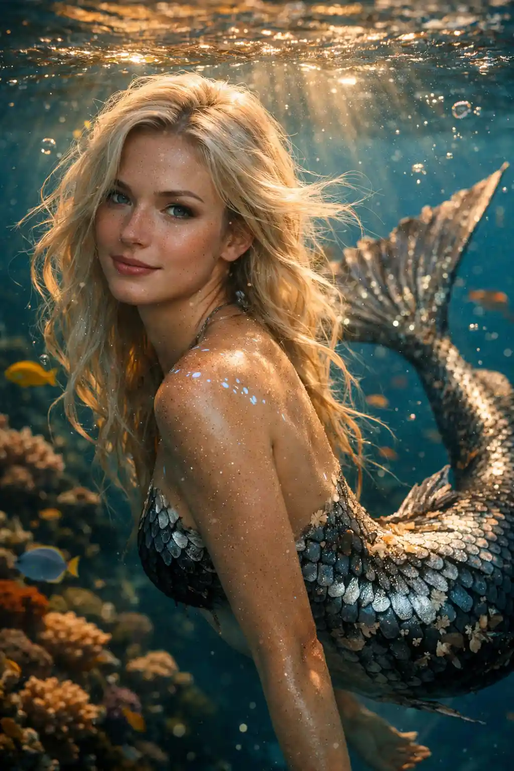 Portrait serein de sirène dans les eaux lumineuses d’un récif tropical